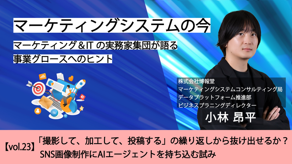 マーケティングシステムの今～マーケティング＆ITの実務家集団が語る事業グロースへのヒント【vol.23】「撮影して、加工して、投稿する」の繰り返しから抜け出せるか？ SNS画像制作にAIエージェントを持ち込む試み